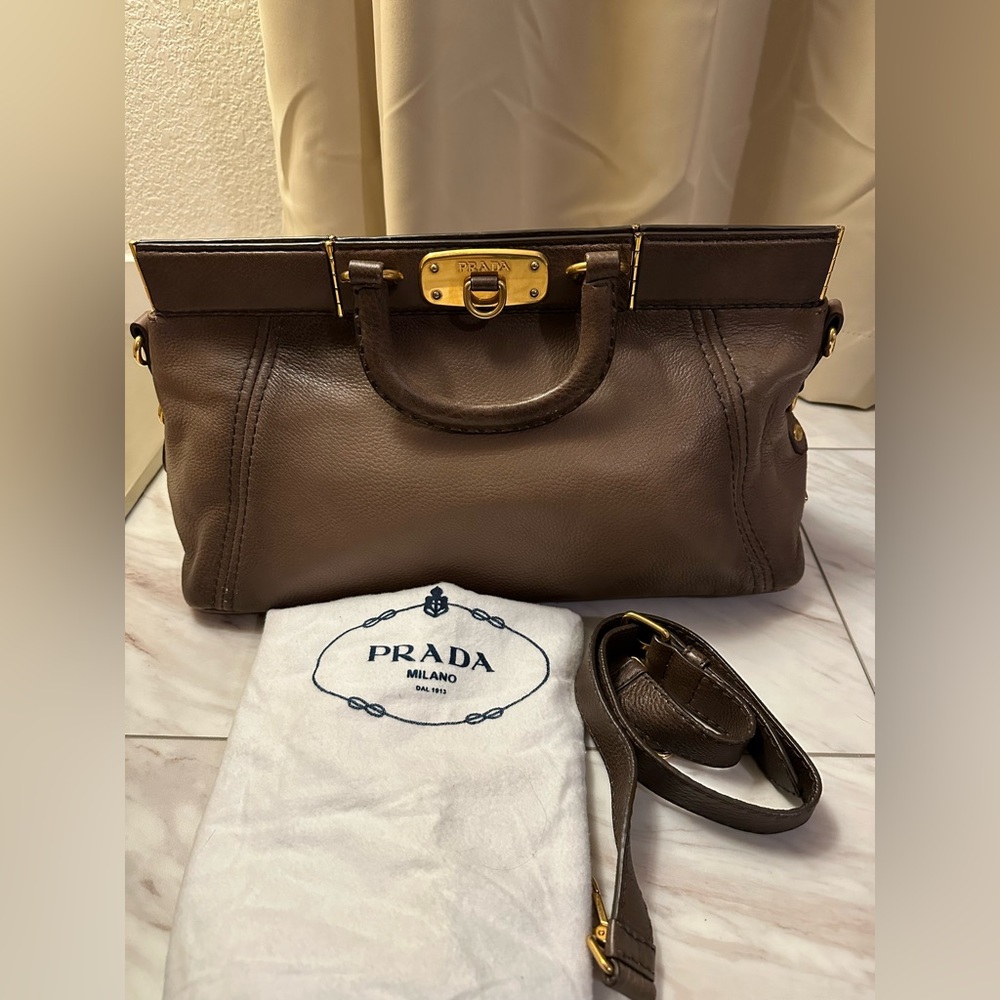 Prada Etoupe Leather Satchel Bag Brown Calf Leather